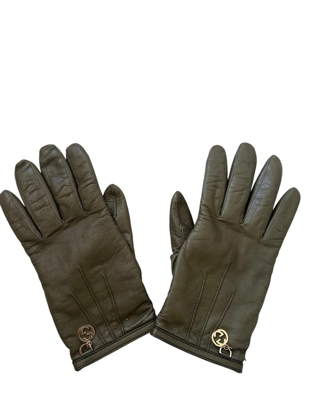 Gucci Olive Green Leather Cashmere Lined Interlocking G Charm Gloves Size 7.5